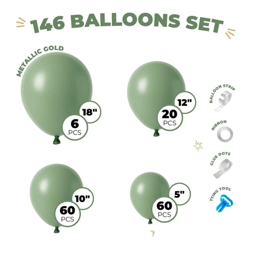 Balloon Garland Arch Kit 146 Pcs Sage Green Balloons for Baby Shower Birthday Gender Reveal Wedding Party DIY Kit - Eloxia