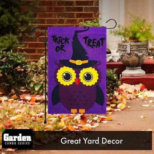 G128 Combo Pack: Garden Flag Stand Black 36x16 Inch & Garden Flag Trick or Treat Owl Purple 12x18 Inch - Eloxia